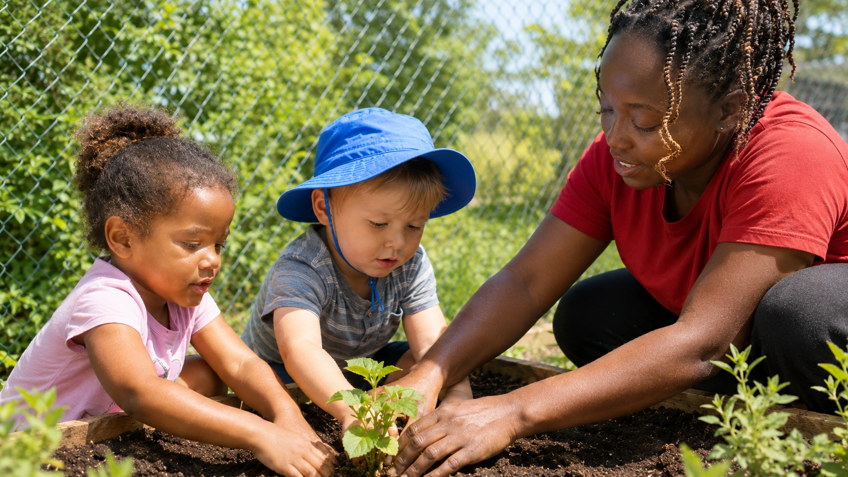 Children gardening with a teacher at Safe Garden Home Daycare in Coquitlam