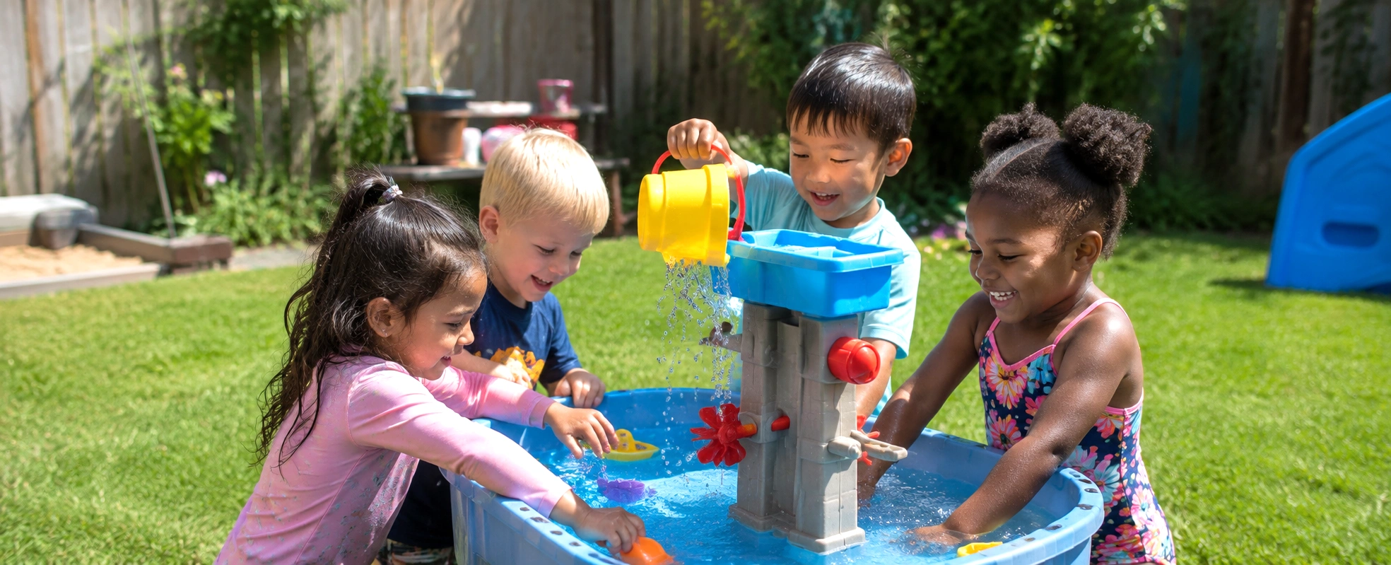 Children enjoying summer water play at Safe Garden Home Daycare in Coquitlam